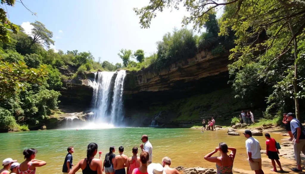 Stunning waterfall in Macaya National Park Haiti with tourists enjoying the view