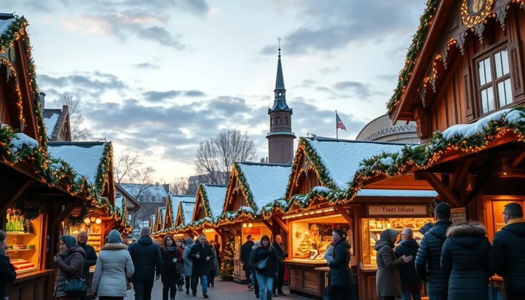 Stuttgart Christmas Market with traditional wooden stalls, festive lights, and diverse visitors enjoying the holiday atmosphere