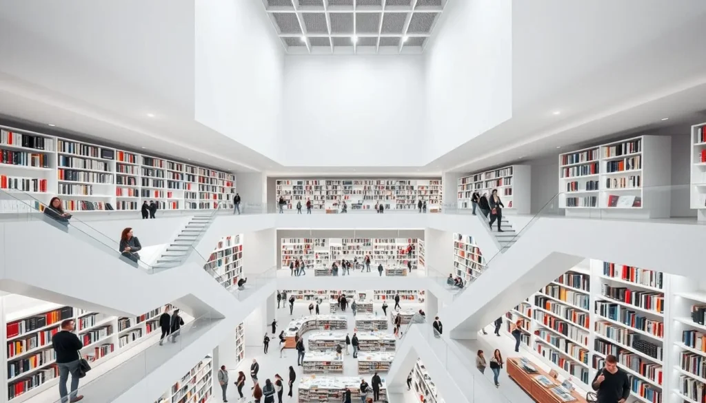 Stuttgart Library interior showing its striking minimalist white design with books arranged on multiple levels