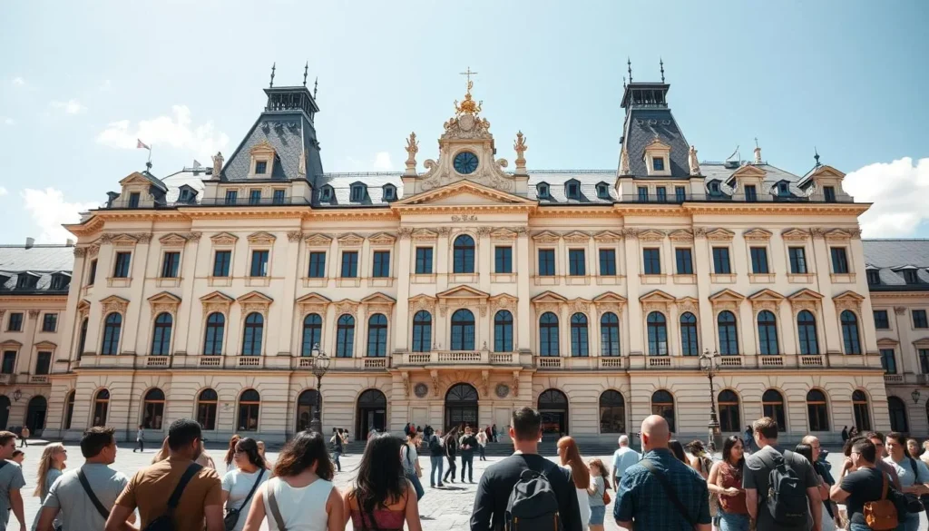 Stuttgart's New Palace (Neues Schloss) with its baroque architecture on a sunny day with tourists walking in front