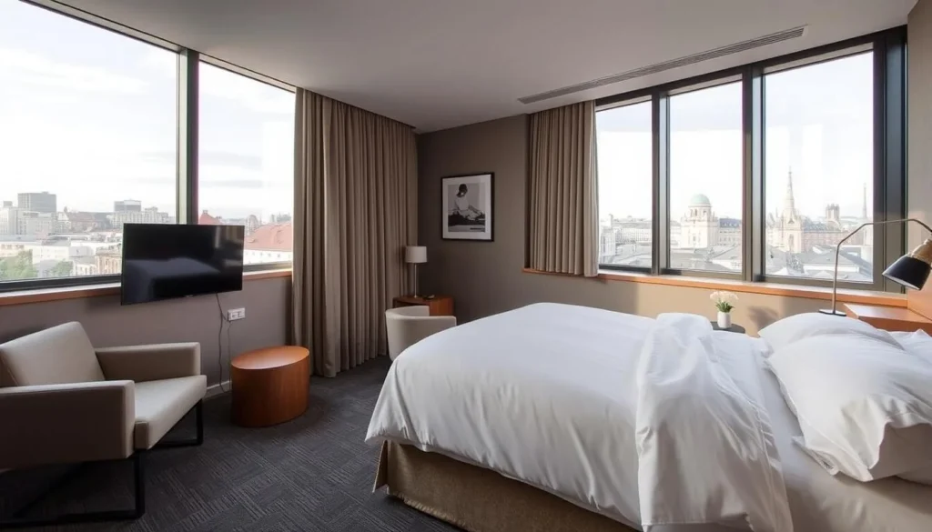 Stylish hotel room in Stuttgart with modern furnishings and city views