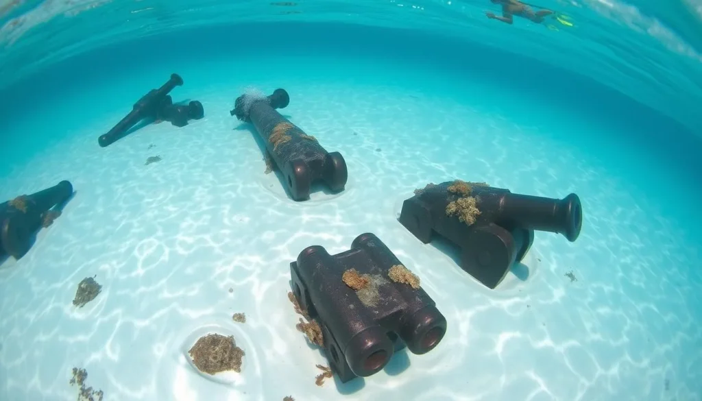 Submerged historic cannons in the clear waters off Fort George Cay