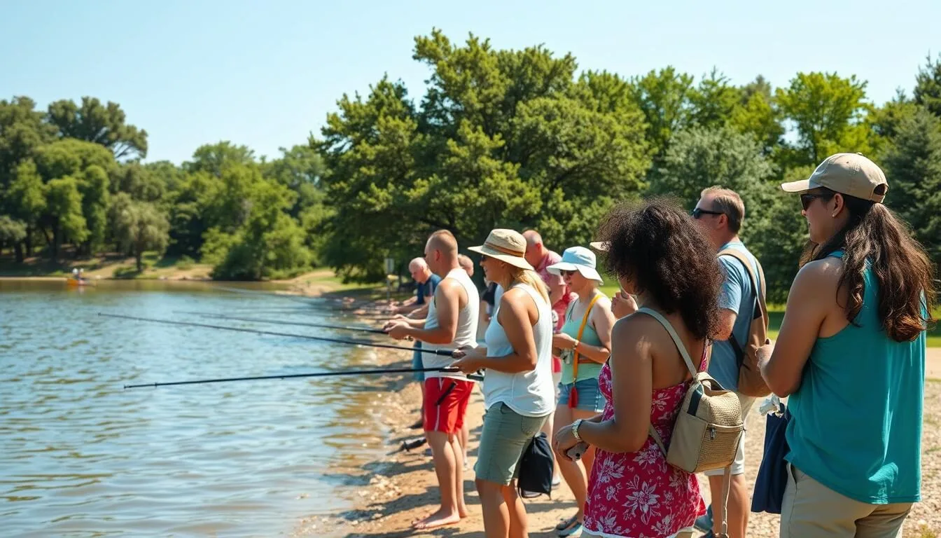 Summer activities at Crab Orchard Lake with people fishing from shore