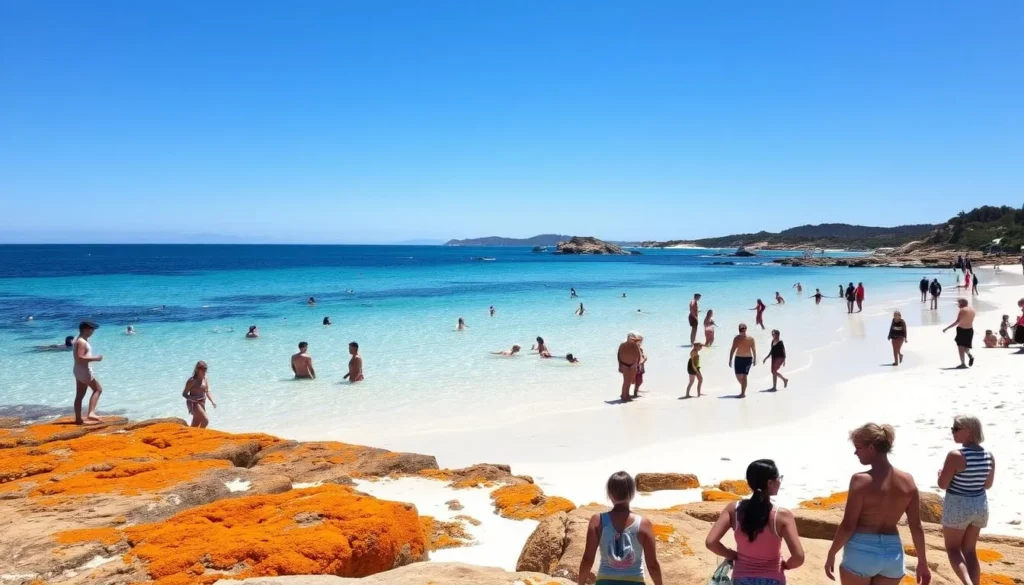 Summer beach scene at Binalong Bay Tasmania with diverse tourists enjoying the water Summer beach scene at Binalong Bay Tasmania with diverse tourists enjoying the water