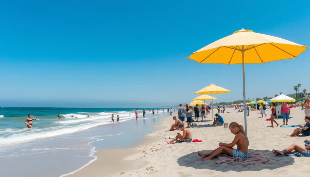 Summer beach scene at Carpinteria State Beach with families enjoying the sunshine