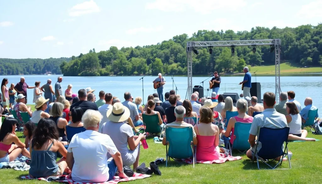 Summer concert event at Lake Nockamixon with people enjoying live music near the water Summer concert event at Lake Nockamixon with people enjoying live music near the water