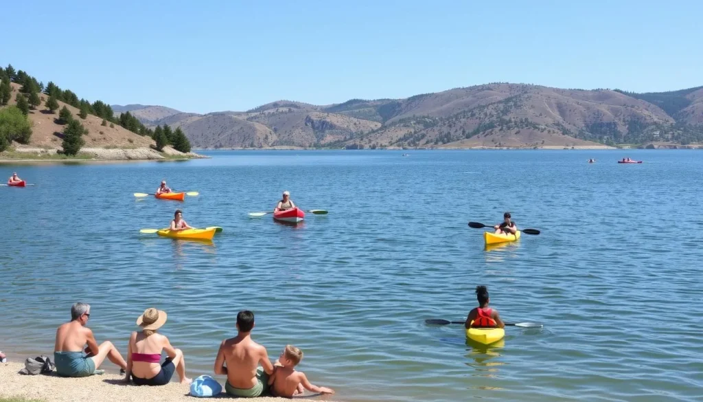 Summer day at Millerton Lake State Recreation Area California with people enjoying water activities Summer day at Millerton Lake State Recreation Area California with people enjoying water activities