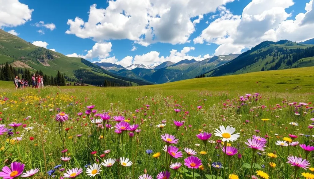 Summer landscape in Altai Krai showing wildflower meadows with mountains in the background