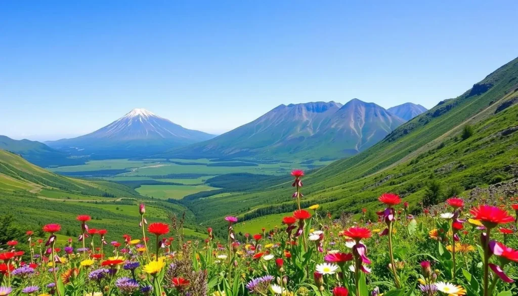 Summer landscape in Kamchatka showing wildflowers, green valleys and volcanic peaks Summer landscape in Kamchatka showing wildflowers, green valleys and volcanic peaks