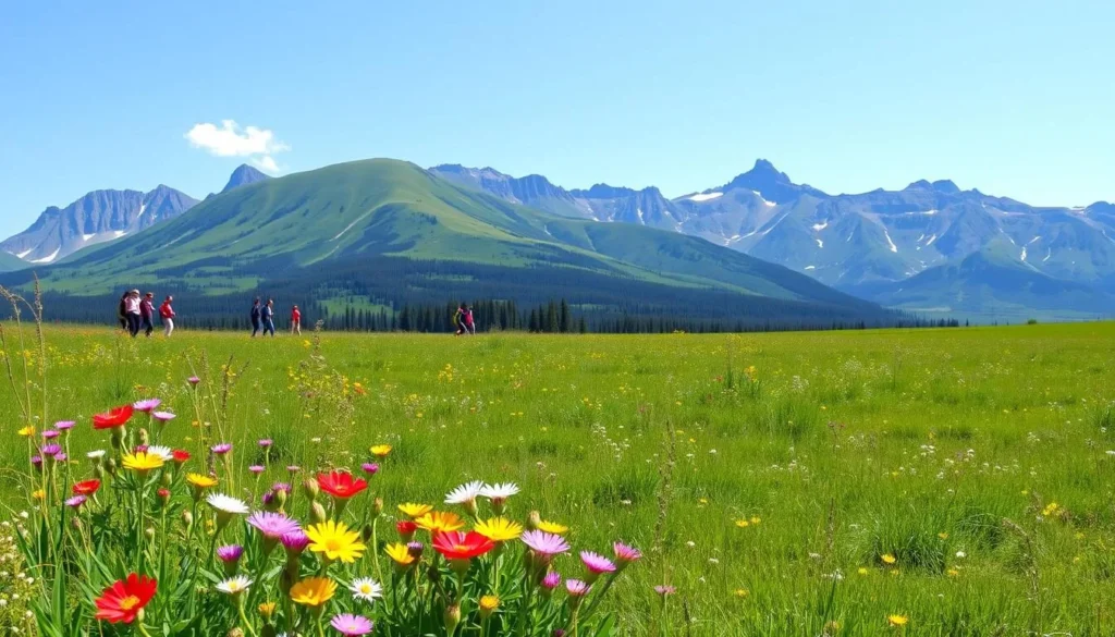 Summer landscape in Tunkinsky National Park showing vibrant wildflowers and clear mountain views Summer landscape in Tunkinsky National Park showing vibrant wildflowers and clear mountain views