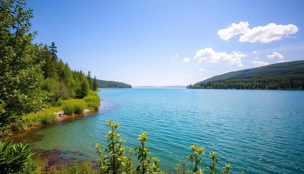 Summer landscape of Lake Verkhne-Olkhonskoye showing lush vegetation and clear waters Summer landscape of Lake Verkhne-Olkhonskoye showing lush vegetation and clear waters
