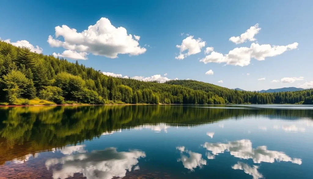 Summer landscape of Smolenskoye Poozerye National Park showing lush green forests and a lake with perfect reflections Summer landscape of Smolenskoye Poozerye National Park showing lush green forests and a lake with perfect reflections