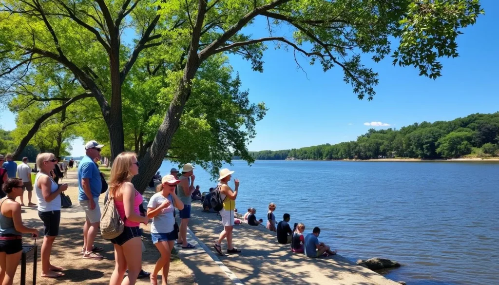 Summer scene at Beaver Island Illinois showing people enjoying outdoor activities on a sunny day Summer scene at Beaver Island Illinois showing people enjoying outdoor activities on a sunny day