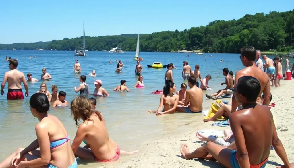 Summer scene at Conneaut Lake with people enjoying water activities on a sunny day Summer scene at Conneaut Lake with people enjoying water activities on a sunny day
