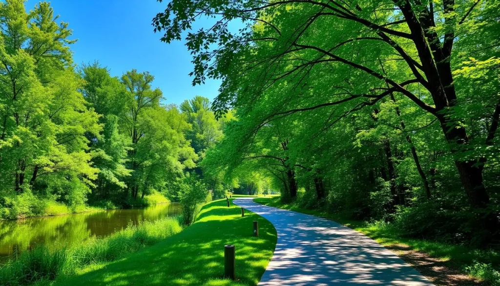Summer scene at Delaware Canal State Park with lush green trees along the towpath Summer scene at Delaware Canal State Park with lush green trees along the towpath