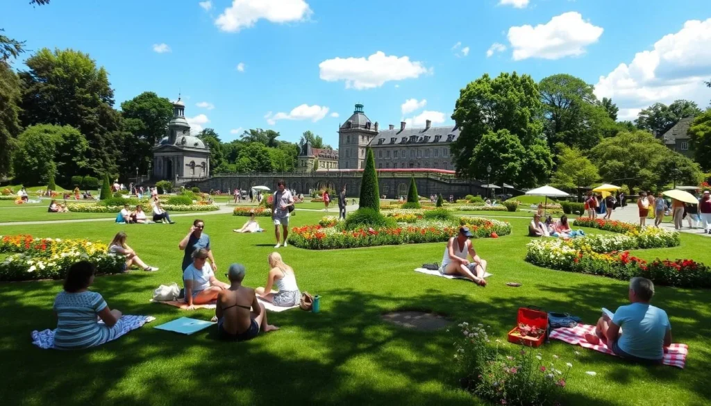 Summer scene at Kings Garden in Copenhagen with people relaxing on the grass near Rosenborg Castle