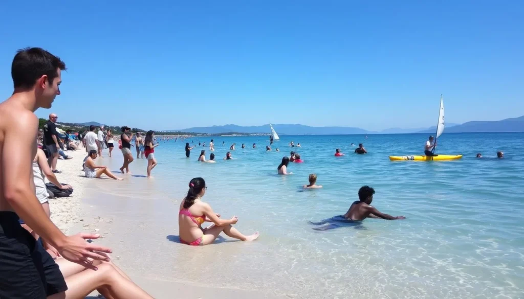 Summer scene at Lake Constance with people enjoying the beach and water activities
