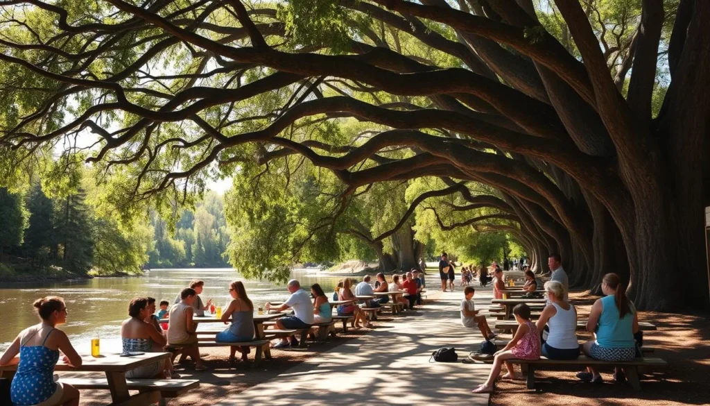 Summer scene at McConnell State Recreation Area California with visitors enjoying the shaded riverbank Summer scene at McConnell State Recreation Area California with visitors enjoying the shaded riverbank