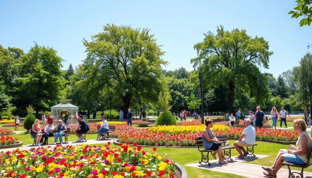 Summer scene in Lipki Park in Saratov with blooming flowers and people relaxing Summer scene in Lipki Park in Saratov with blooming flowers and people relaxing