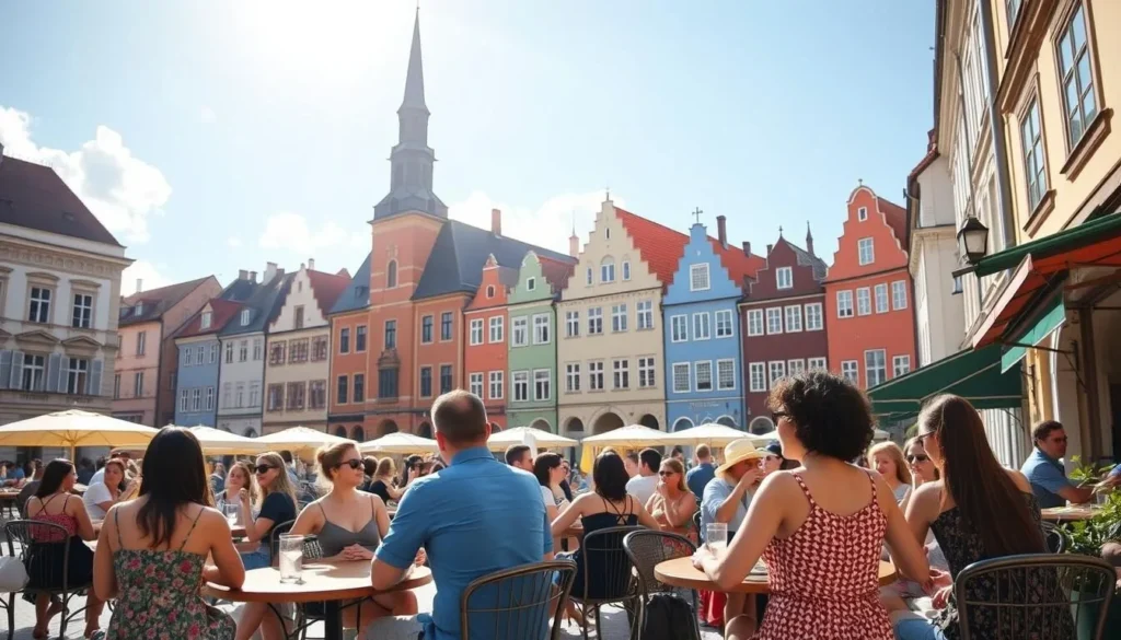 Summer scene in Tallinn Estonia showing best things to do in pleasant weather with tourists enjoying outdoor cafes