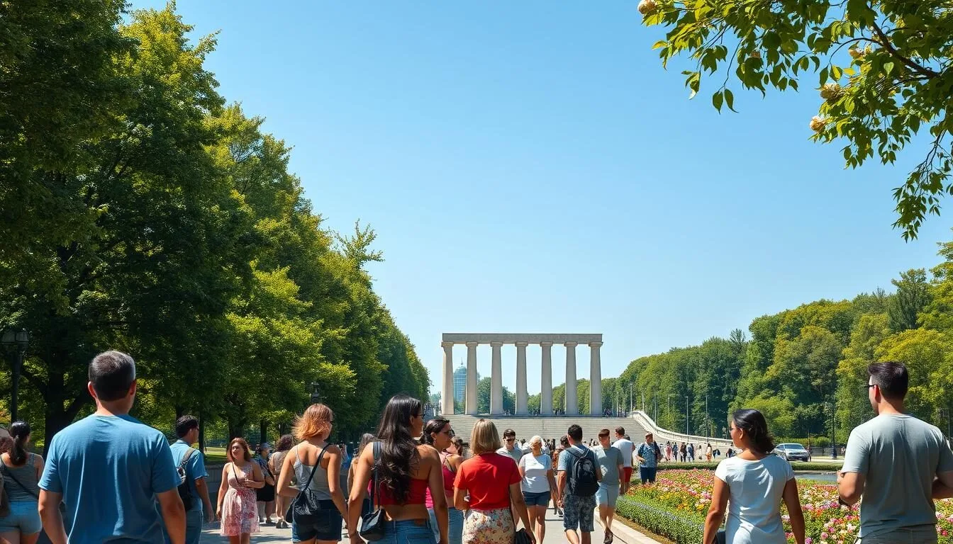 Summer scene in Tolyatti with people enjoying a sunny day at Victory Park with green trees and flowers in bloom