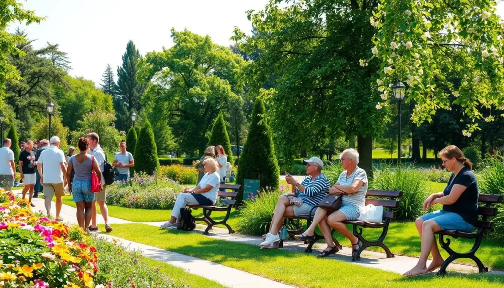 Summer scene in Tomsk showing people enjoying Lagerny Garden park with lush greenery Summer scene in Tomsk showing people enjoying Lagerny Garden park with lush greenery