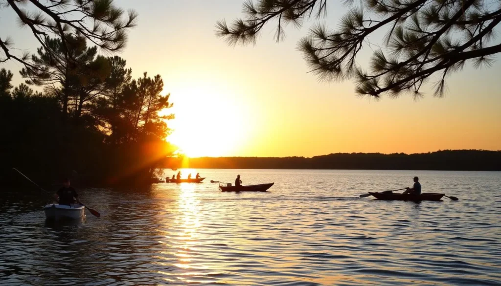Summer sunset at Caney Lake with people enjoying water activities