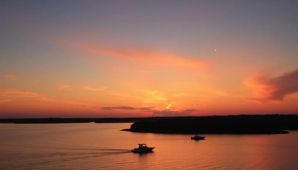 Summer sunset at Carlyle Lake with boats silhouetted against orange and pink sky