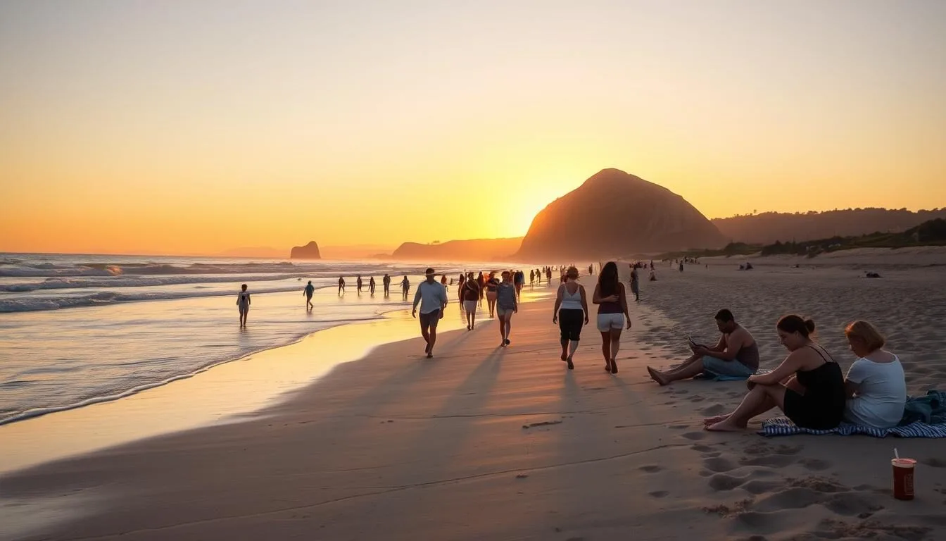 Summer-sunset-at-Morro-Strand-State-Beach-California-with-diverse-visitors-enjoying-the-golden- Summer sunset at Morro Strand State Beach California with diverse visitors enjoying the golden hour