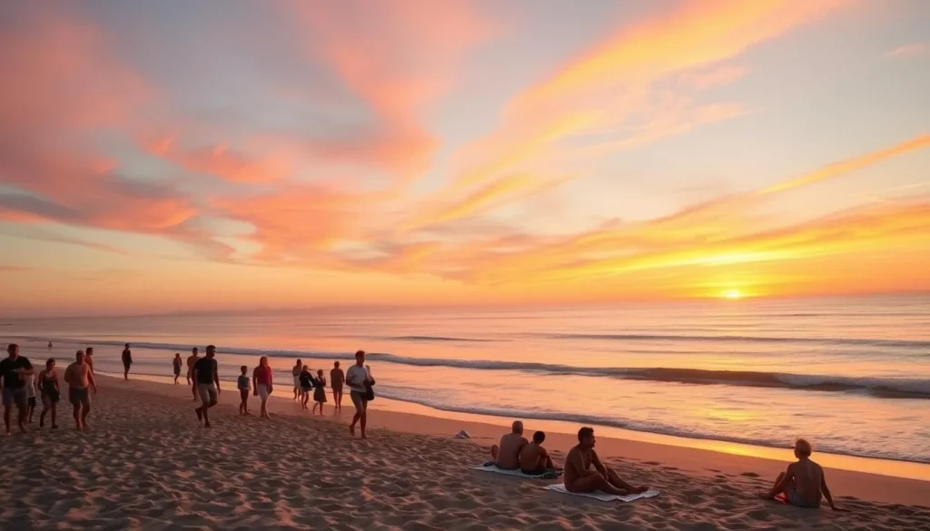Summer sunset at Moss Landing State Beach with visitors enjoying the golden hour Summer sunset at Moss Landing State Beach with visitors enjoying the golden hour