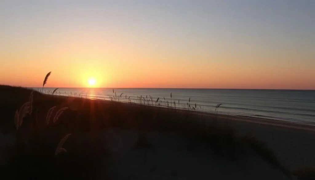 Summer sunset over Lake Michigan at Illinois Beach Nature Preserve with golden light illuminating the shoreline Summer sunset over Lake Michigan at Illinois Beach Nature Preserve with golden light illuminating the shoreline