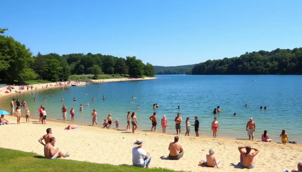 Summer view of Beltzville State Park with people enjoying the beach area and lake on a sunny day Summer view of Beltzville State Park with people enjoying the beach area and lake on a sunny day