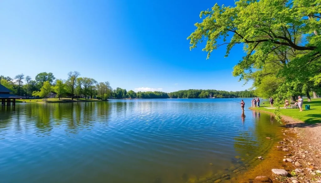 Summer view of Dolan Lake in Hamilton County State Park with people fishing from the shore Summer view of Dolan Lake in Hamilton County State Park with people fishing from the shore