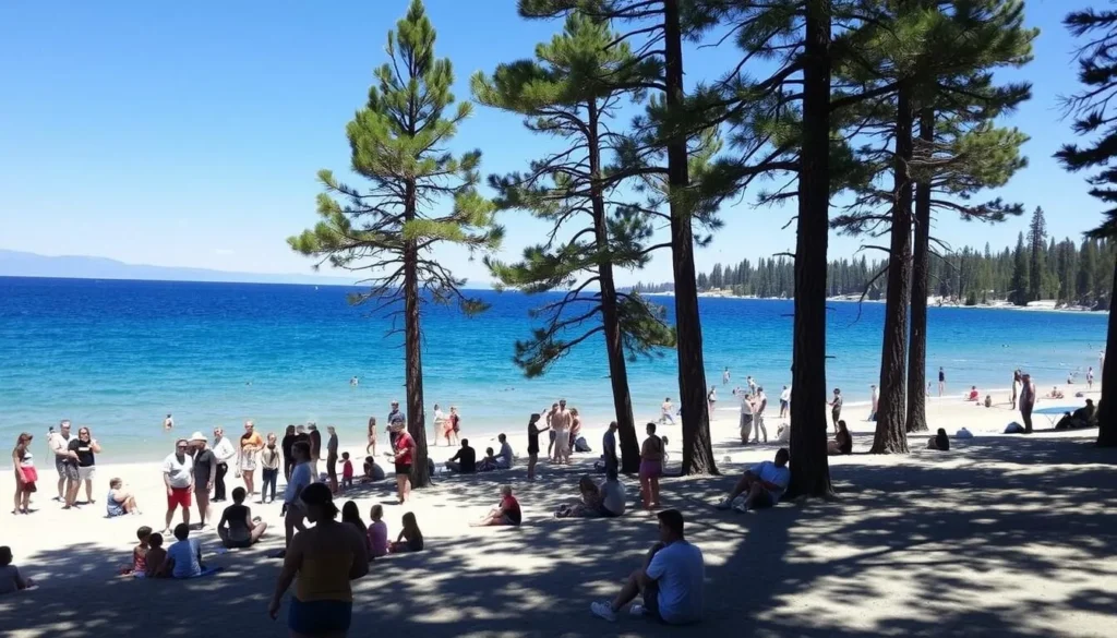 Summer view of Ed Z'berg Sugar Pine Point State Park beach area with visitors enjoying the shoreline of Lake Tahoe Summer view of Ed Z'berg Sugar Pine Point State Park beach area with visitors enjoying the shoreline of Lake Tahoe