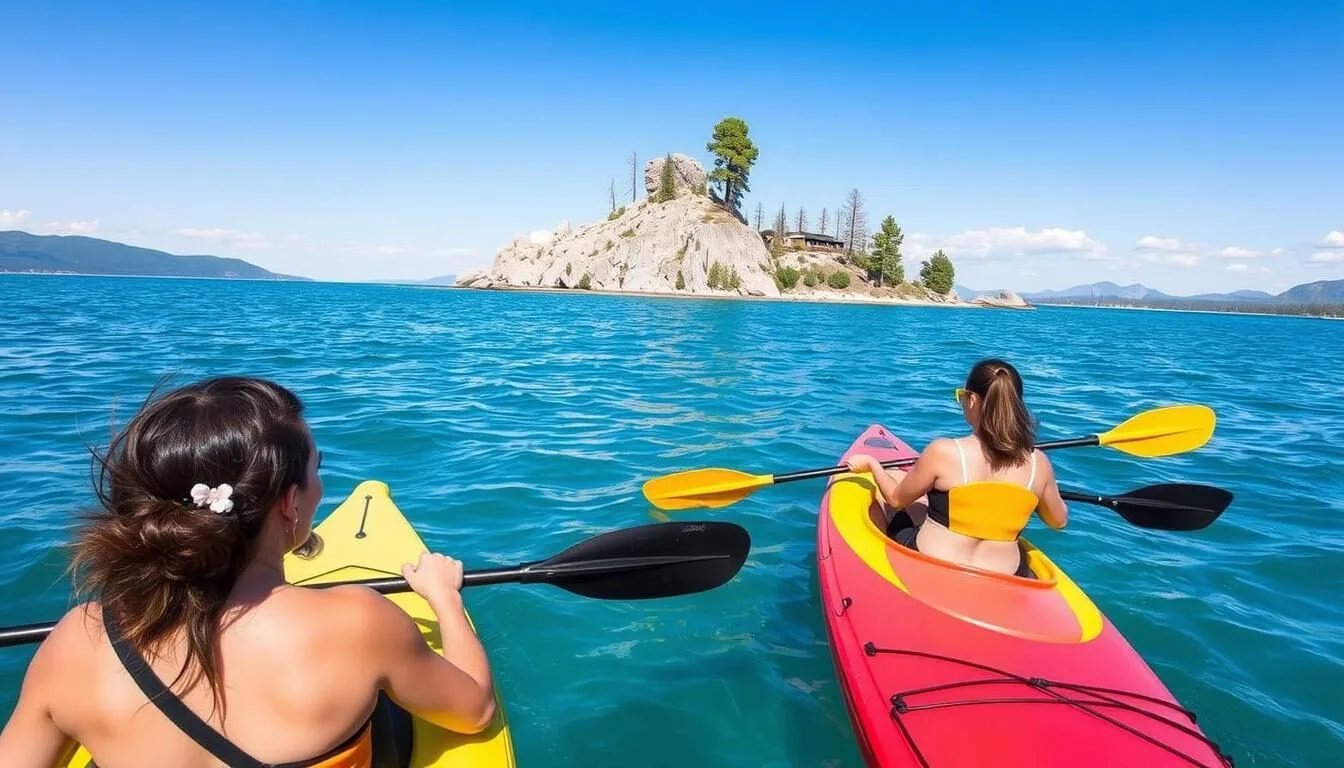 Summer-view-of-Fannette-Island-with-kayakers-paddling-toward-the-island-on-a-clear-day Summer view of Fannette Island with kayakers paddling toward the island on a clear day