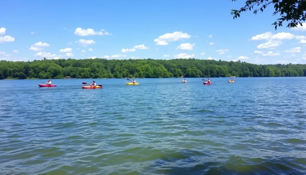 Summer view of Kinkaid Lake with people kayaking on calm water surrounded by green forested shores