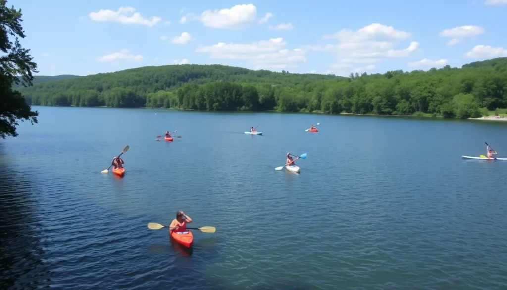 Summer view of Lake Arthur at Moraine State Park with people enjoying water activities Summer view of Lake Arthur at Moraine State Park with people enjoying water activities