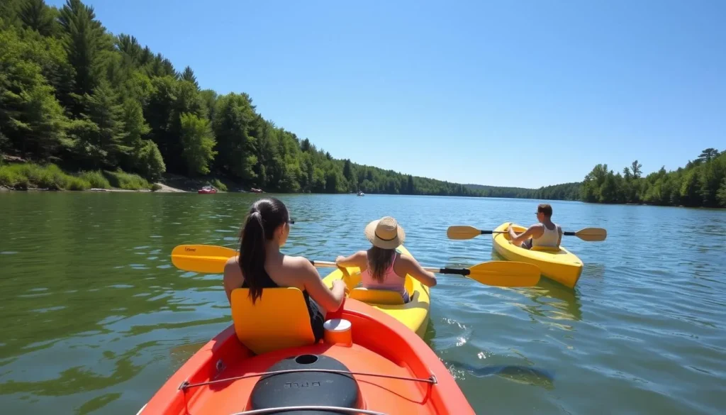 Summer view of Lake Lacawac with people kayaking on the pristine water Summer view of Lake Lacawac with people kayaking on the pristine water