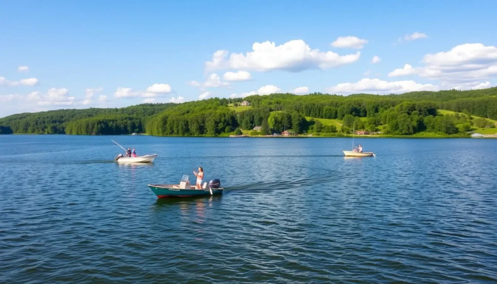 Summer view of Lake LeBoeuf with people fishing from small boats on a sunny day Summer view of Lake LeBoeuf with people fishing from small boats on a sunny day