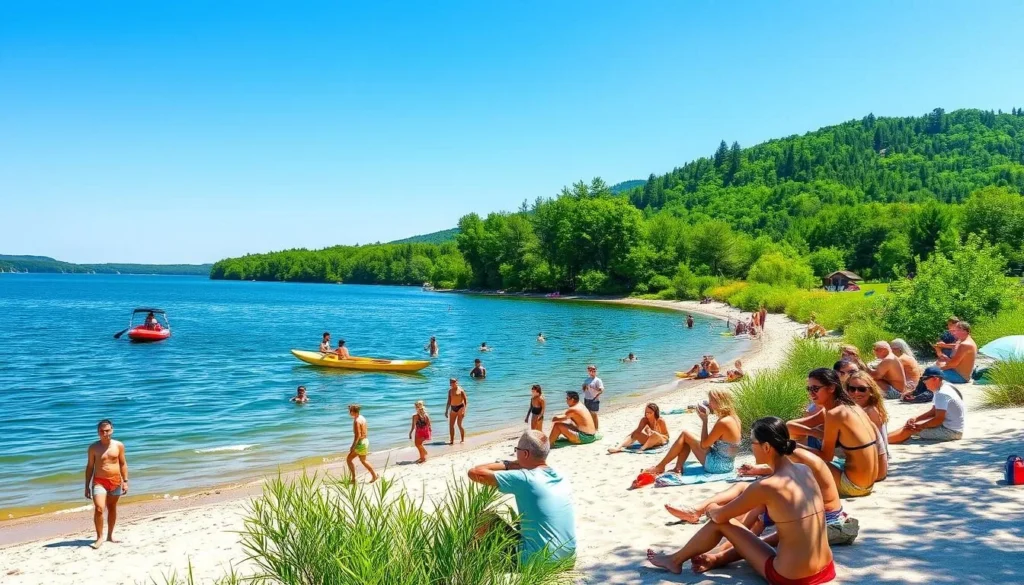 Summer view of Lake Plescheevo with people enjoying the beach and water activities