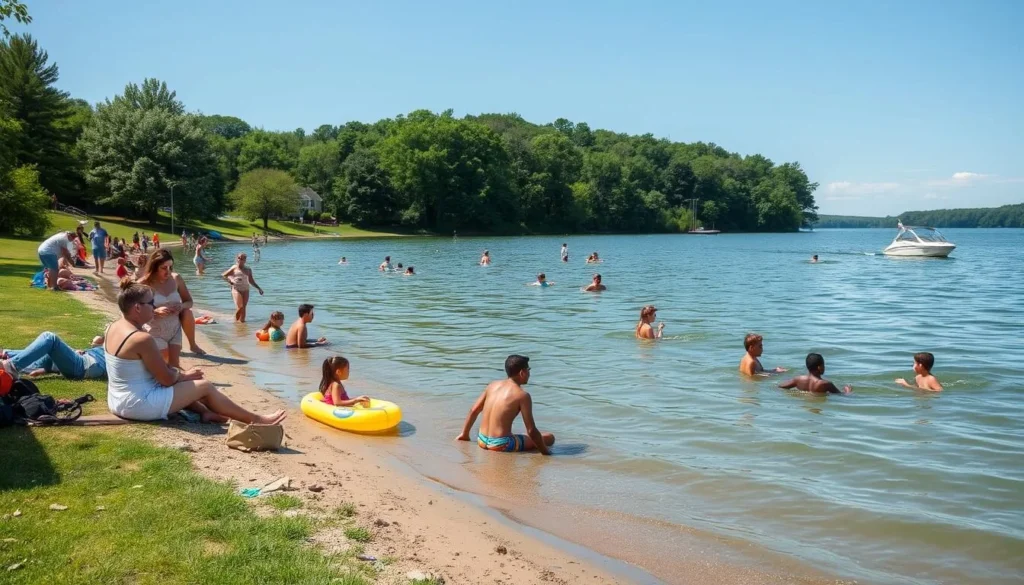 Summer view of Lake Sherwood with families enjoying beach activities and swimming on a sunny day Summer view of Lake Sherwood with families enjoying beach activities and swimming on a sunny day