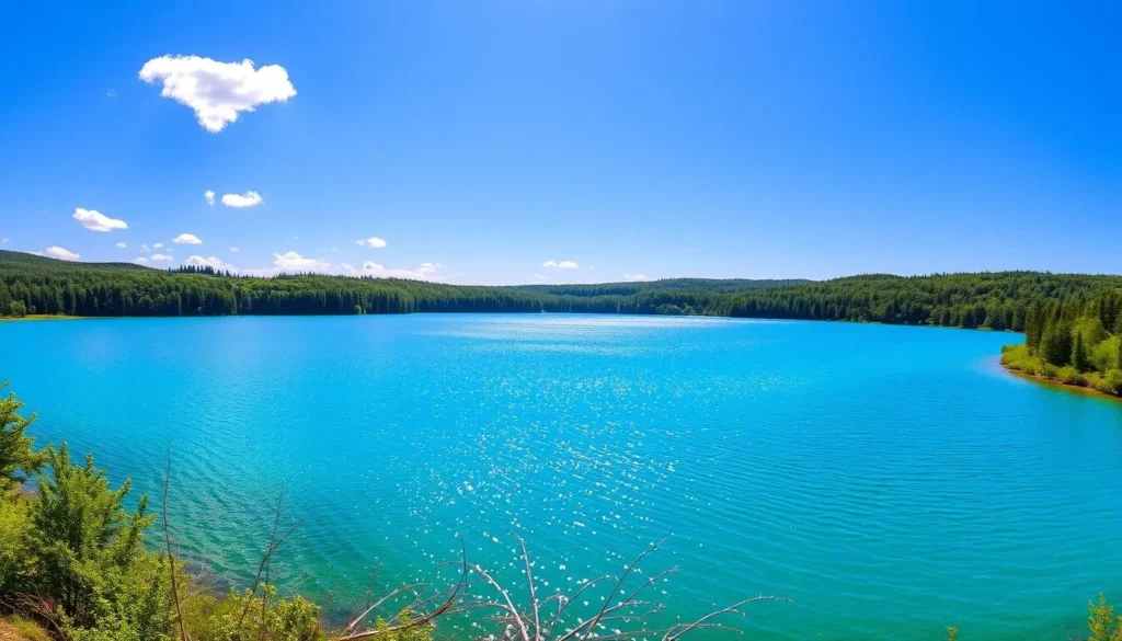 Summer view of Lake Verkhne-Tulun with lush green surroundings and clear blue skies