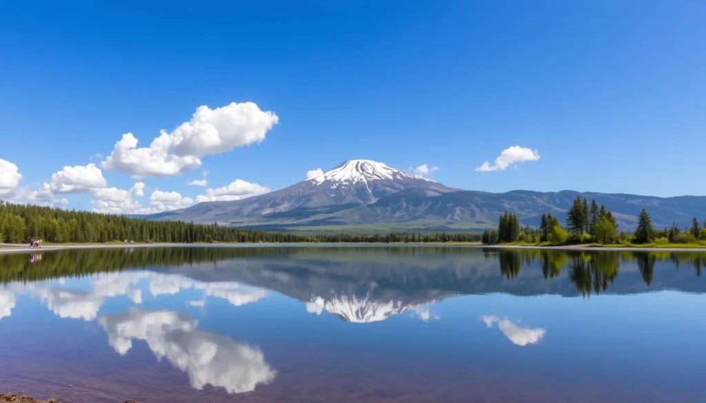 Summer view of Manzanita Lake with Mount Lassen California things to do visible in the background, showing perfect reflection in calm water Summer view of Manzanita Lake with Mount Lassen California things to do visible in the background, showing perfect reflection in calm water