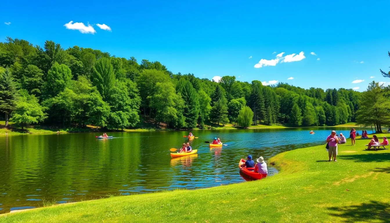 Summer-view-of-Marsh-Creek-State-Park-Pennsylvania-with-people-enjoying-activities-on-the-lake Summer view of Marsh Creek State Park Pennsylvania with people enjoying activities on the lake