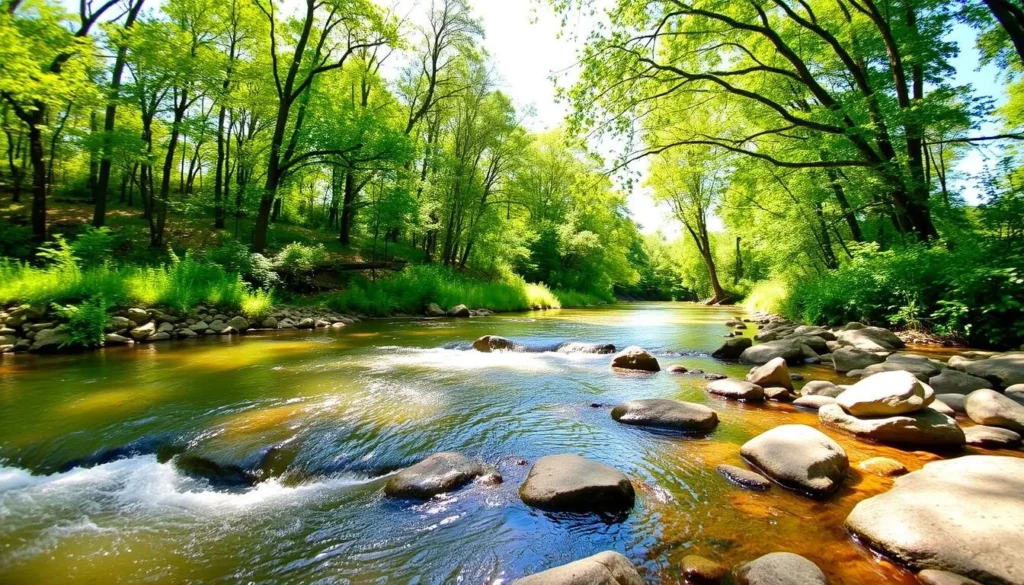 Summer view of Middle Fork River with sunlight filtering through tree canopy and clear water flowing over rocks Summer view of Middle Fork River with sunlight filtering through tree canopy and clear water flowing over rocks