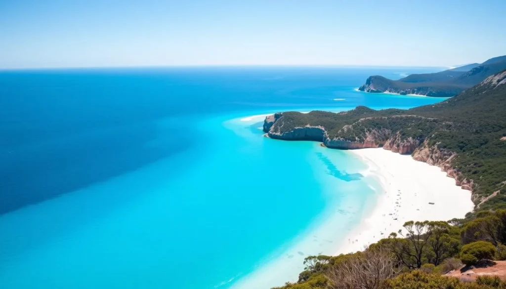Summer view of Wineglass Bay in Freycinet National Park Tasmania with clear blue skies