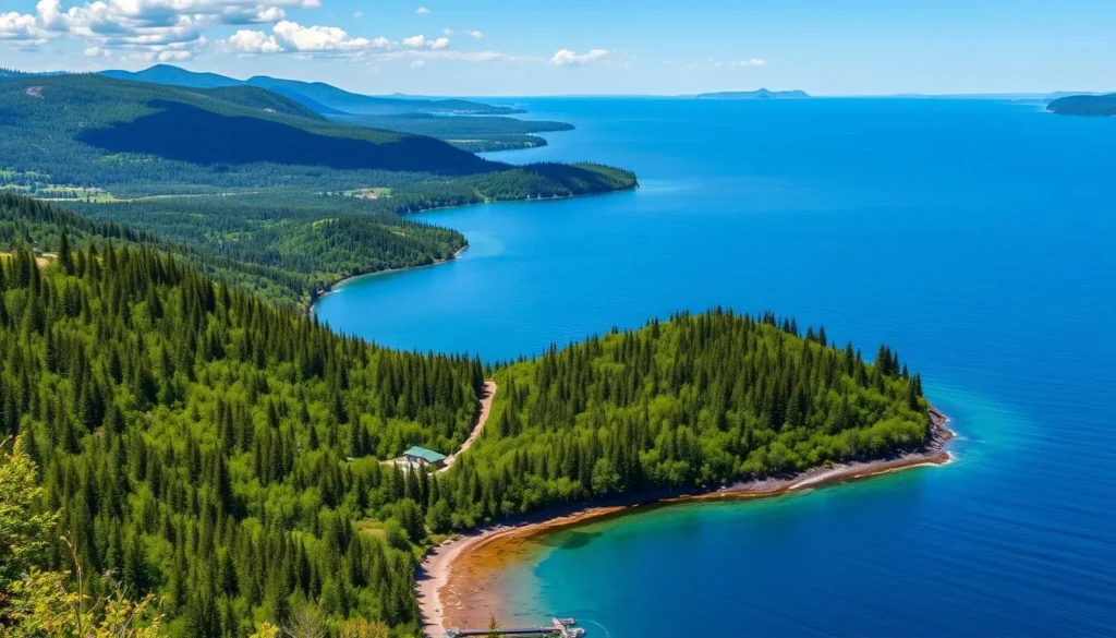 Summer view of Zabaykalsky National Park with lush green forests and clear blue Lake Baikal waters Summer view of Zabaykalsky National Park with lush green forests and clear blue Lake Baikal waters