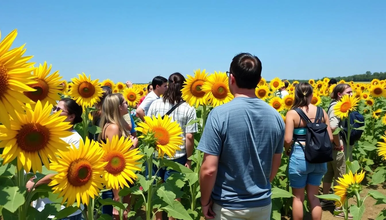 Summer-view-of-sunflower-fields-at-Jim-Edgar-Panther-Creek-State-Fish-and-Wildlife-Area-with Summer view of sunflower fields at Jim Edgar Panther Creek State Fish and Wildlife Area with visitors enjoying the scenery