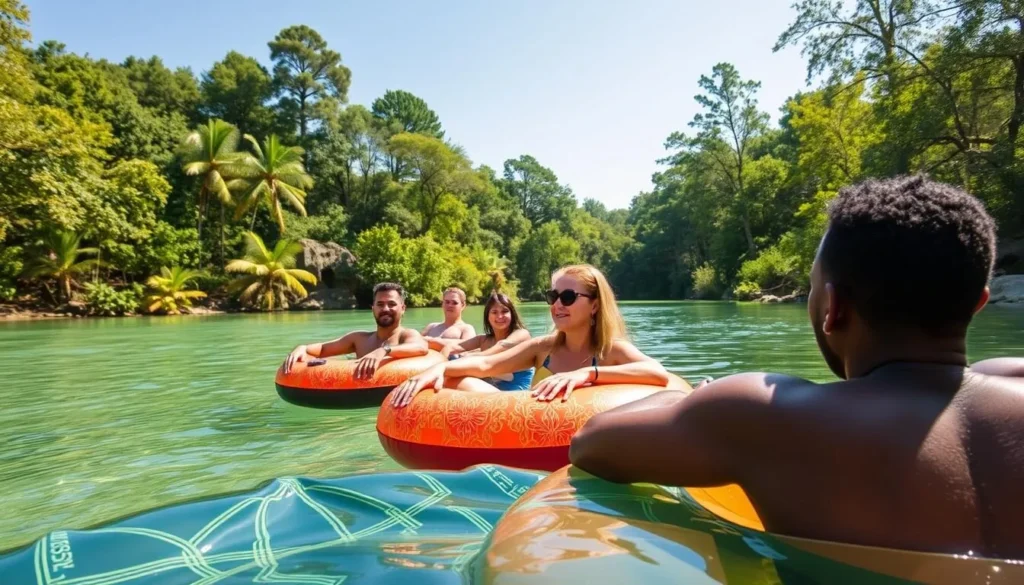 Summer visitors enjoying tubing at Ichetucknee Springs State Park Florida with diverse tourists floating on the crystal clear river