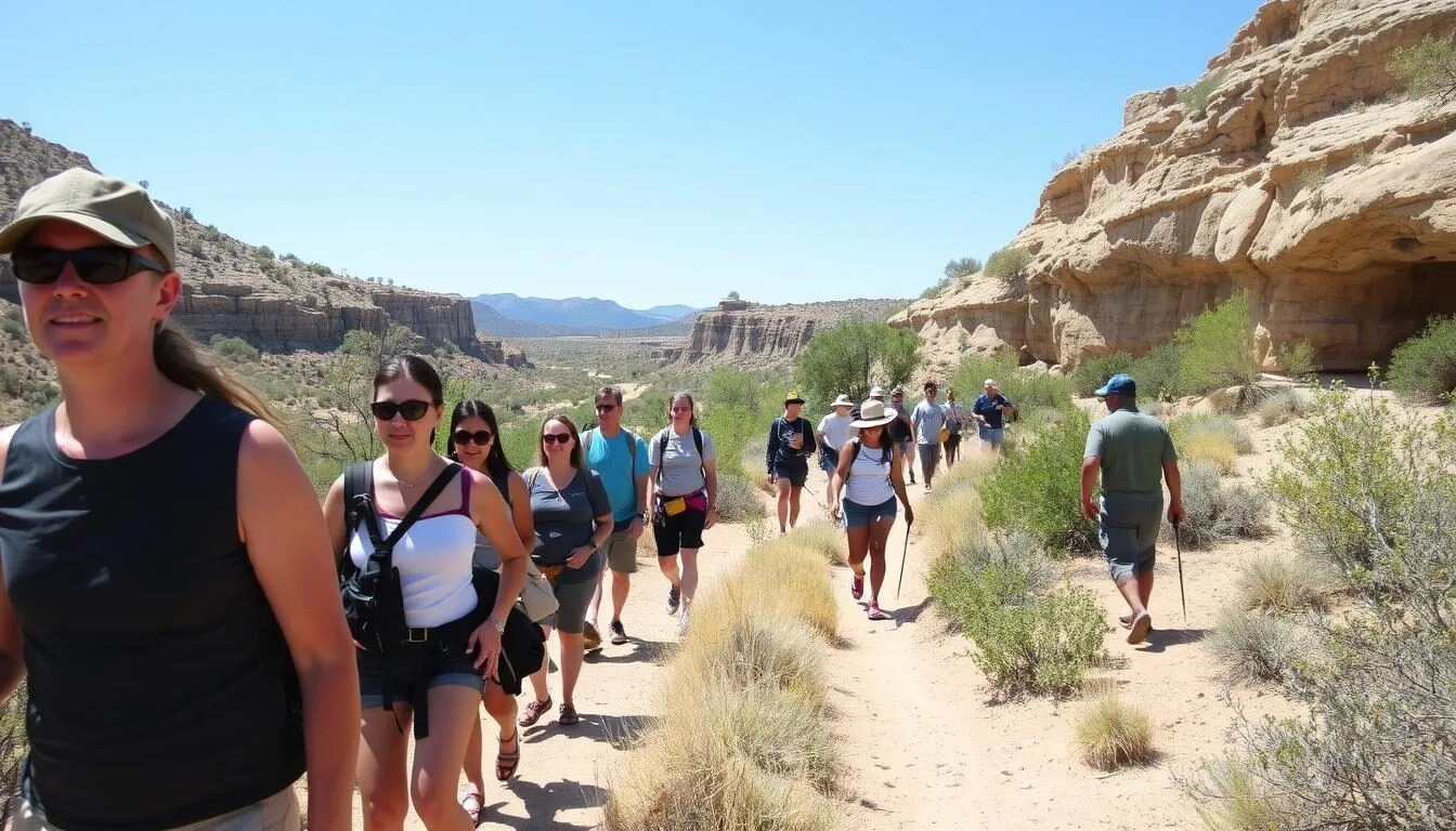 Summer-visitors-exploring-the-Natural-Entrance-trail-at-Carlsbad-Caverns-with-lush-desert Summer visitors exploring the Natural Entrance trail at Carlsbad Caverns with lush desert vegetation in bloom